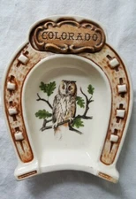 Vintage Treasure Craft Colorado Owl Horseshoe Trinket Dish Ashtray Mid Century 