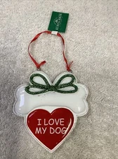 ORNAMENT "I LOVE MY DOG" BONE & HEART GREEN GLITTER 4 IN NWT