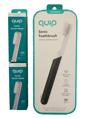 Quip Sonic Vibration Battery Powered Charcoal Color Toothbrush + 2 Bush Heads