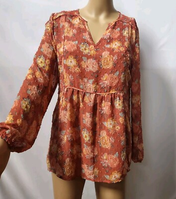 Matilda Jane Top Rust Peach Floral Swiss Dot Chiffon Long Sleeve Cottagecore M 