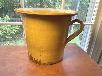 Antique French Earthenware Yellow Confit Necessary  Handled Pot 9 1/8''