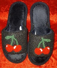 Women's 9.5 Black Fuzzy Cherry Slippers