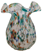 Murano Hand Blown Art Glass Vase Multi Ruffle-Top Splatter Art, 6.5 Inch Tall