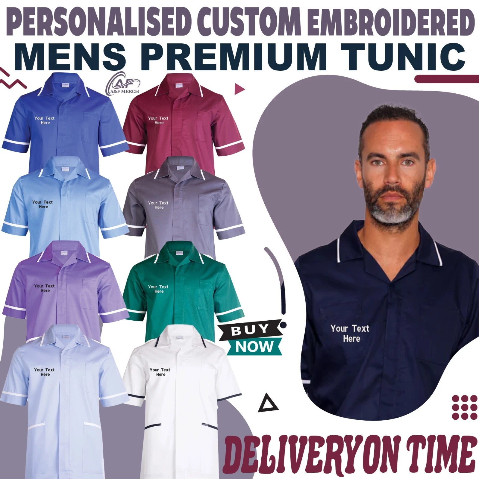 Personalised Custom Embroidered Mens Premium Tunic Health Care Staff Salon Spa
