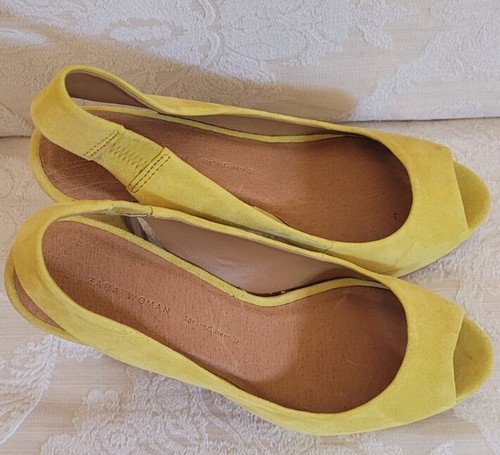 ZARA LIME YELLOW SUEDE LEATHER PLATFORM HEELS PEEP TOE SHOES EU38 UK5 - Picture 9 of 12
