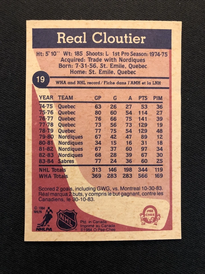 1984-85 O-Pee-Chee Real Cloutier #19 Sabres - Image 2 of 2