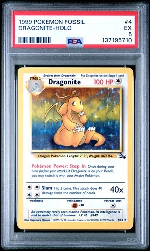 Pokémon TCG 1999 Fossil #4 - Dragonite 4/62 Holo Rare Unlimited -  PSA 5 EX