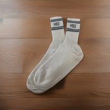 VTG Mens Nike Spell Out Crew Socks Cotton Blend 10-13 White Grey USA 90s stripe