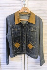 New Identity Women's Sz Petite Medium Embroidered Brown Collar Blue Denim Jacket