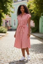 Draper James Trisha Gingham Shirt Dress Red White Tie Waist Womens M NWT