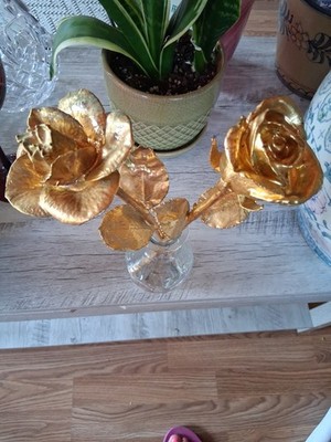 2 Gorgeous 12''  Stem Roses Dipped Gold Rose Real Plated Preserved Roses In Vase