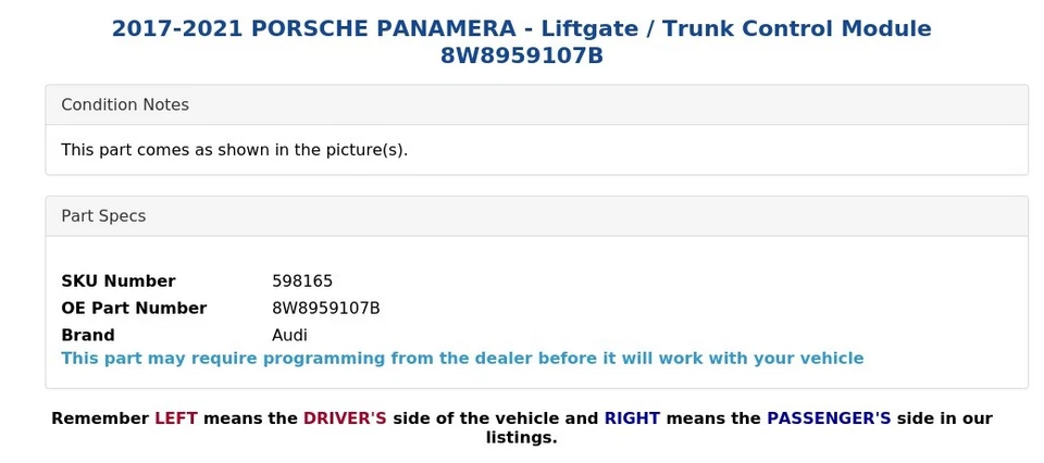 2017-2021 PORSCHE PANAMERA - Liftgate / Trunk Control Module 8W8959107B - Image 4 of 4