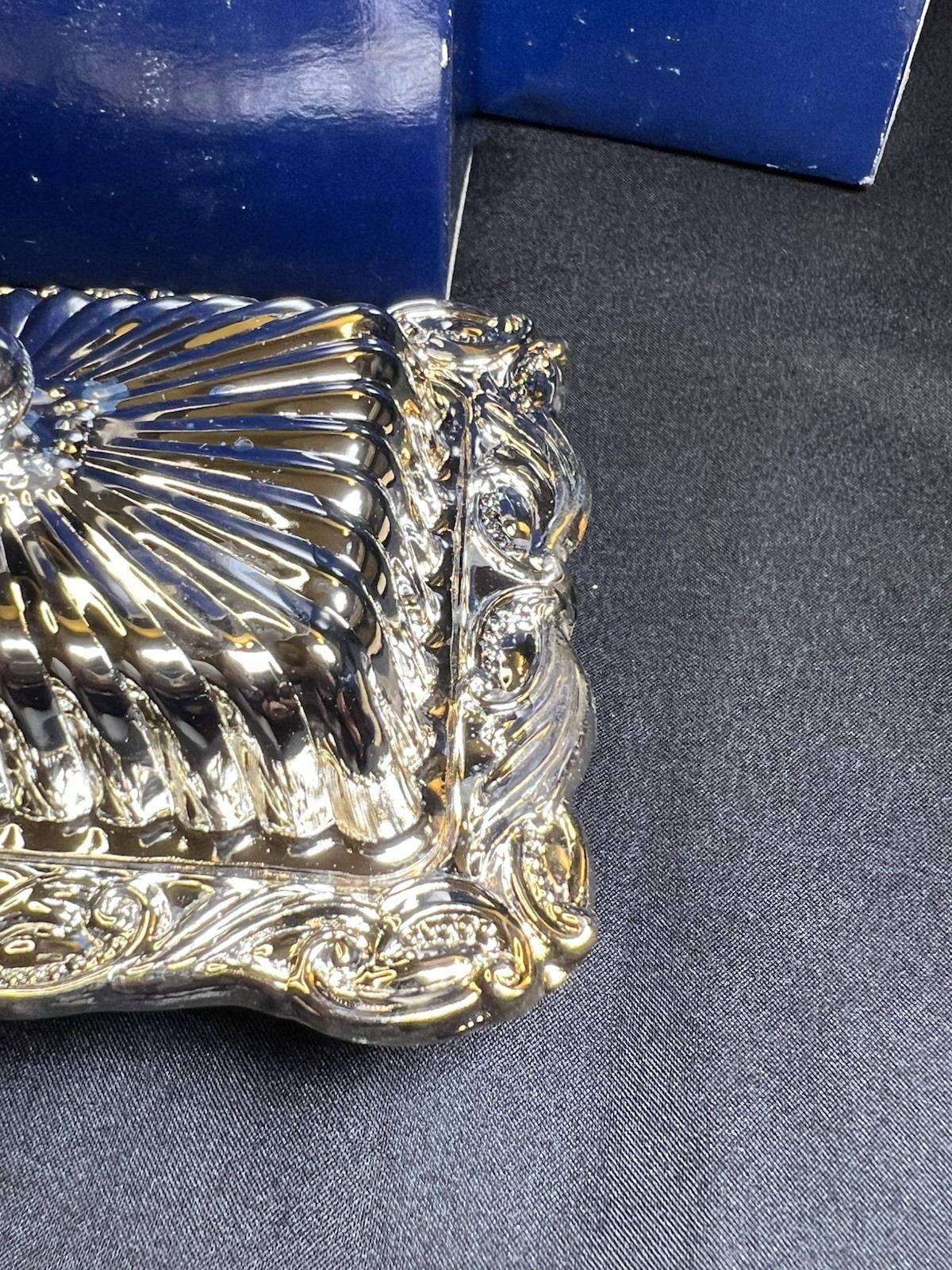 NOS Vintage Silver Plate Butter Dish Ornate with Glass Insert 4.75” Unique Size