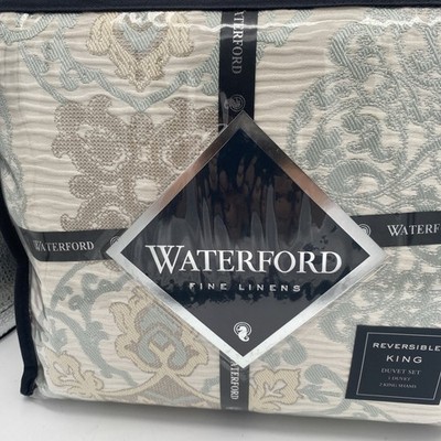Beautiful NOS Waterford Fine Linens Jonet King Duvet 3 Piece Set Cream Aqua
