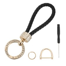 Weave Keychain Ring Braided Rope Leather Keychain Black/Gold