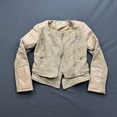 AFTF BASIC Faux Leather Suede Biker Jacket Womens Small Beige Asymmetrical Zip