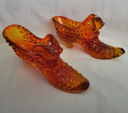 Fenton Glass - Amber Hobnail Shoes with Cat Head