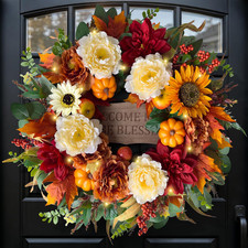 26'' Fall Wreaths for Front Door with Lights and Timer, Farmhouse