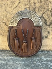 Scottish Celtic Antique Brown Sporran 3 Tassels Leather Sporran With Chain Belt