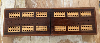 Vintage folding wood cribbage board inlay with deck of cards and two pegs 1930's