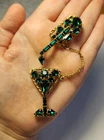 Vintage Costume Jewelry Brooch With Chain, Martini Glass With Bottle Green
