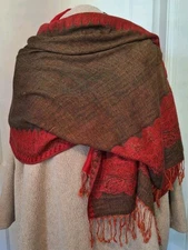 Vintage Pashmina Scarf 55% Pashmina 45% Silk Brown/Red Parsley Print/Fringe 