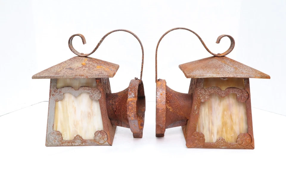 ATQ Pair Arts Crafts Mission Slag Glass Porch outdoor Wall Sconces Iron SET 2 - Image 3 of 4