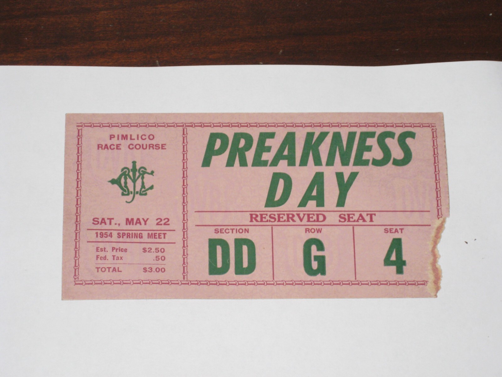 1954 Preakness Stakes Reserved Seat Admission Ticket