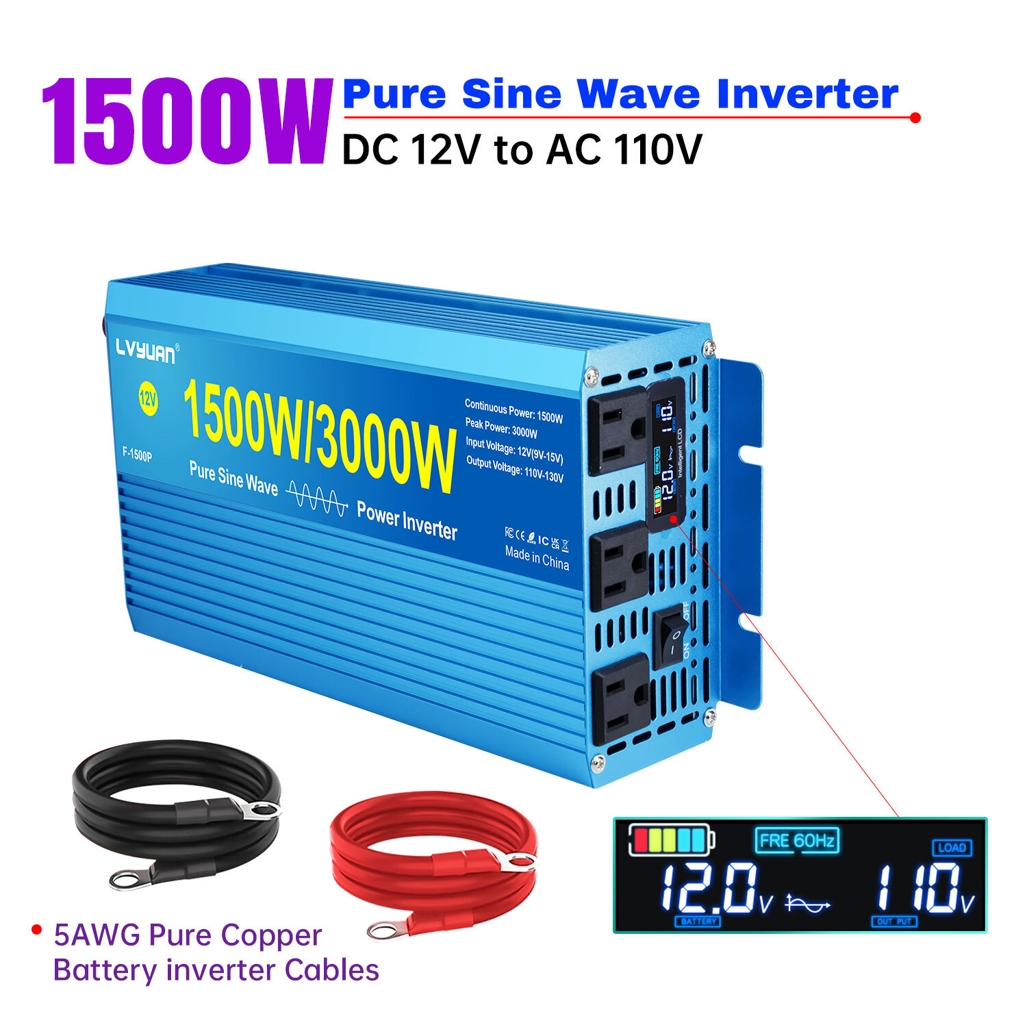 1500W 2000W 3000W Pure Sine Wave Power Inverter 12V/24V to 110V 120V Converter