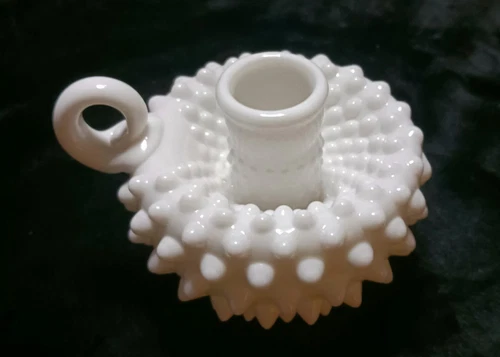 Fenton Hobnail White Milk Glass Single Finger Loop Handle Candle Holder
