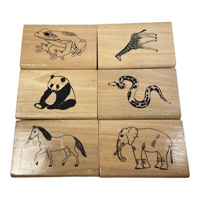 Lot Of 6 Animals Panda Frog Snake Elephant Giraffe Horse Wood Mounted Rubber