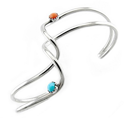 Indianer Sterlingsilber gewelltes Armreif Armband mit Türkis und Koralle