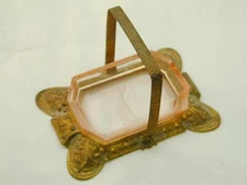 RARE Antique Czech Open Salt Dip Pink Glass Cherub Intaglio Ornate Caddy