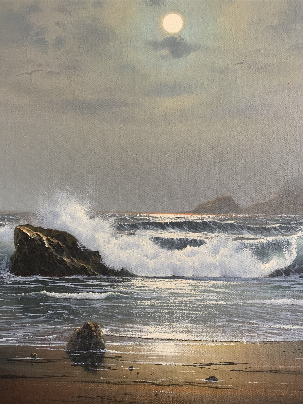 Peter Cosslett Seascape Painting Moonlight Bay Original Oil On