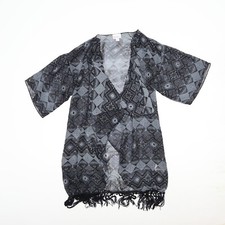 LuLaRoe Monroe Small Open Front Kimono Cover Up Black Green Fringe Duster Sheer