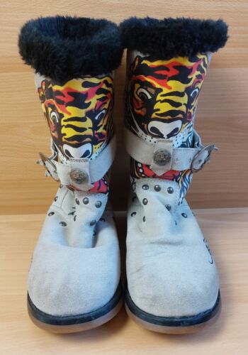 Ed Hardy Size 2.5 Beige Tiger Suede Boots Faux Fur Lined, Y2K, 2000s, Retro - Picture 1 of 17