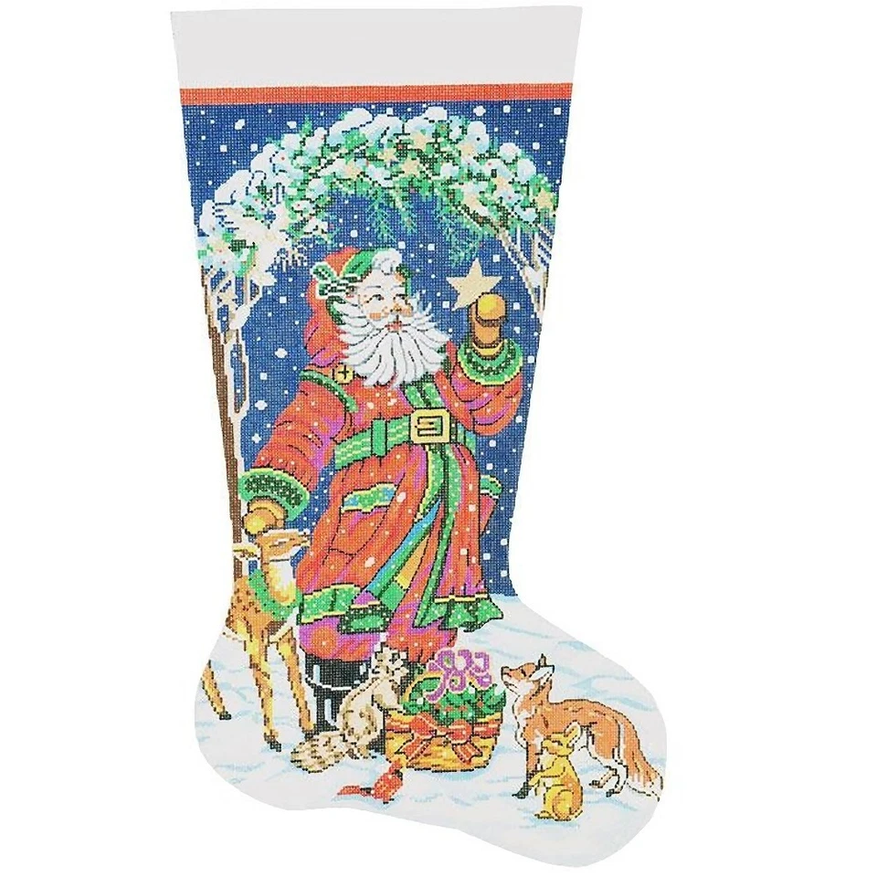 Needlepoint Handpainted Lee Christmas Stocking Santas Animals 23" - Image 3 of 4