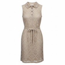 London Times Beige Crochet Lace Sleeveless Collared Dress Size 4 Belted Neutral