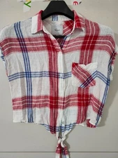 Rails Top Womens XS Red Blue Amelie Button Up Collar Tie Front Plaid Linen Blend