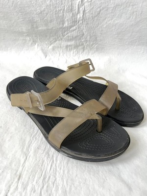 Crocs sandals Tulum Toe Post womens 9 black translucent strap slip on buckles