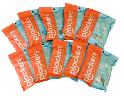 (10) PLACKERS Twin-Line Dental Floss Flossers Cool Mint 150 Each Resealable Bag