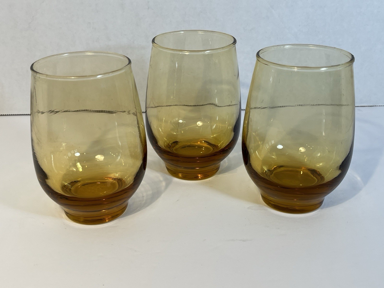 Libbey Amber Stemless Glasses 4” Tall Set Of 3 Wine Water Barware VTG MCM