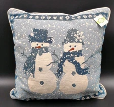Tapestry Pillow Snowman Couple Blue 16"  Winter Snowflakes Snow New W Tags