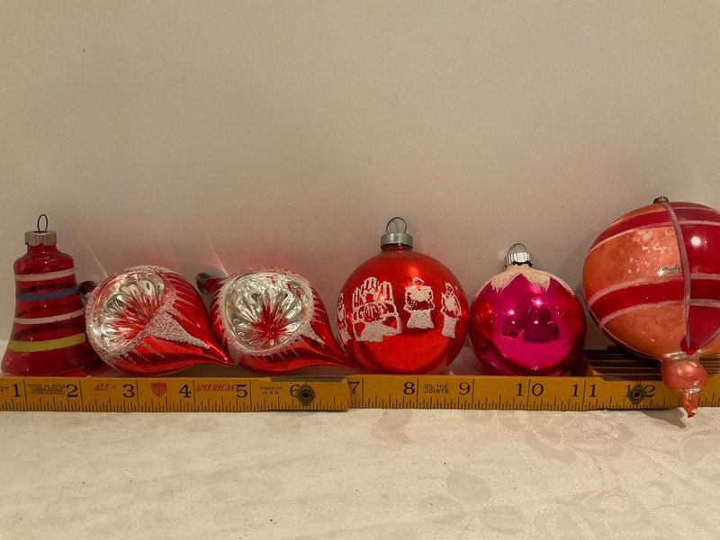 Set of 6 Christmas ornaments Vintage icicle shiny brite indent un silvered bell