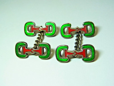 Gucci Green Red Horsebit Chain Cufflinks 195 FI Sterling Silver 925 Vintage Rare
