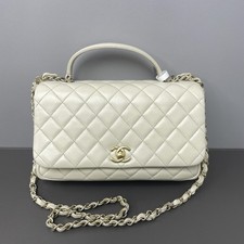 Chanel Ivory Lambskin Classic Flap Bag Top Handle Aged Gold CC Interwoven