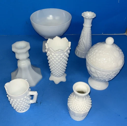 vintage milk glass Vase Dish creamer candle holder avon hobnail Lot of 7