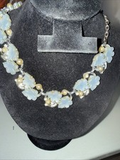 Vintage Cornflower Blue And Pearl Leaf Designed Choker Necklace See Description