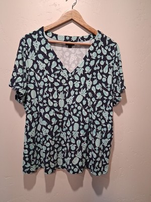 J. Jill Wearever Blue Fruit Basket Top V-Neck Stretch Jersey Knit Travel Size 2X