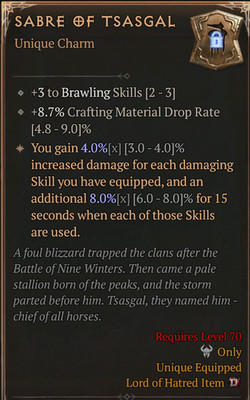  DIABLO 4 SEASON 13 Unique Charm Sabre of Tsasgal Brawling + Mats + 8%